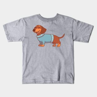 Chocolate & tan dachshund wearing a blue sweater Kids T-Shirt